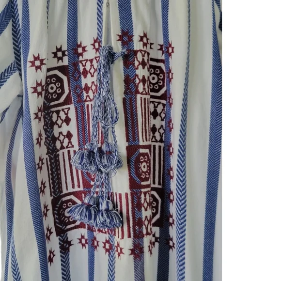 Figue Bria Cotton Tassel Boho Mini Dress Sz S Blue White Burgundy - Picture 11 of 16